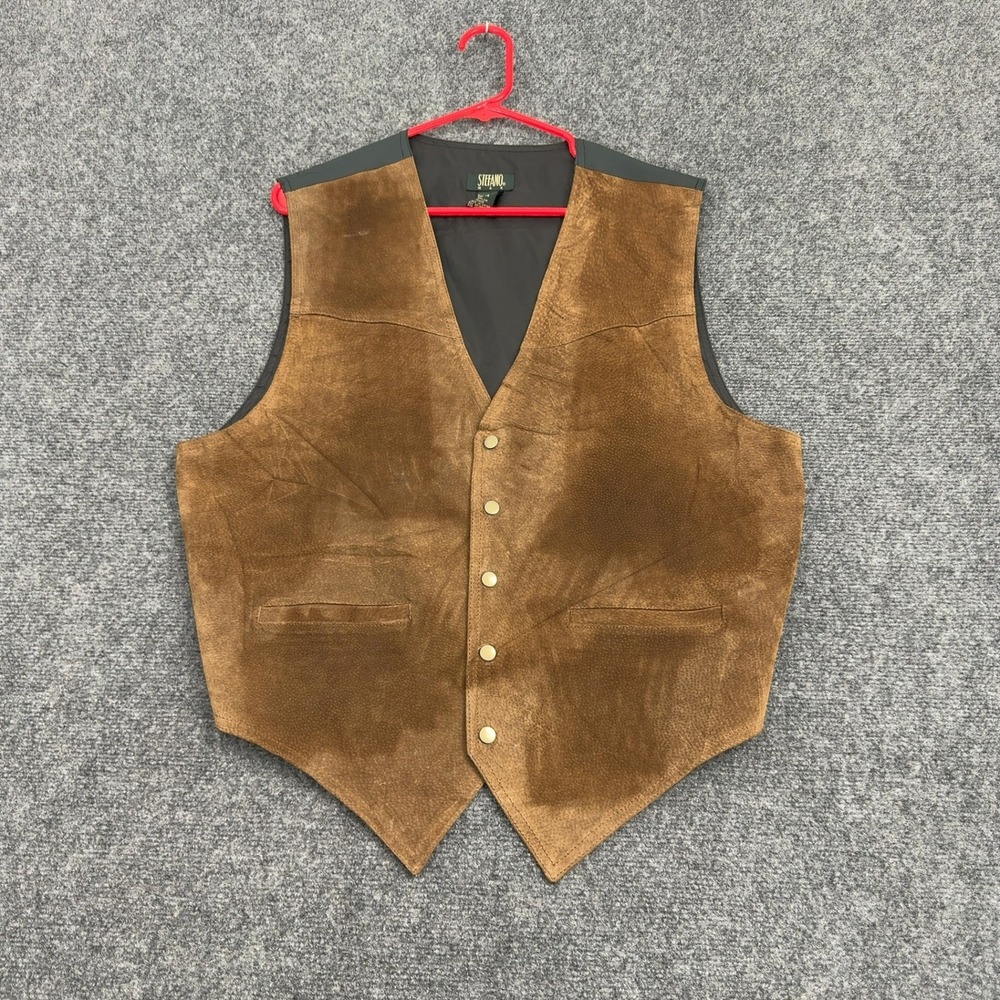 Vintage Stefano Vest Mens L Brown Leather Suede Western V-Neck Waistcoat Cowboy